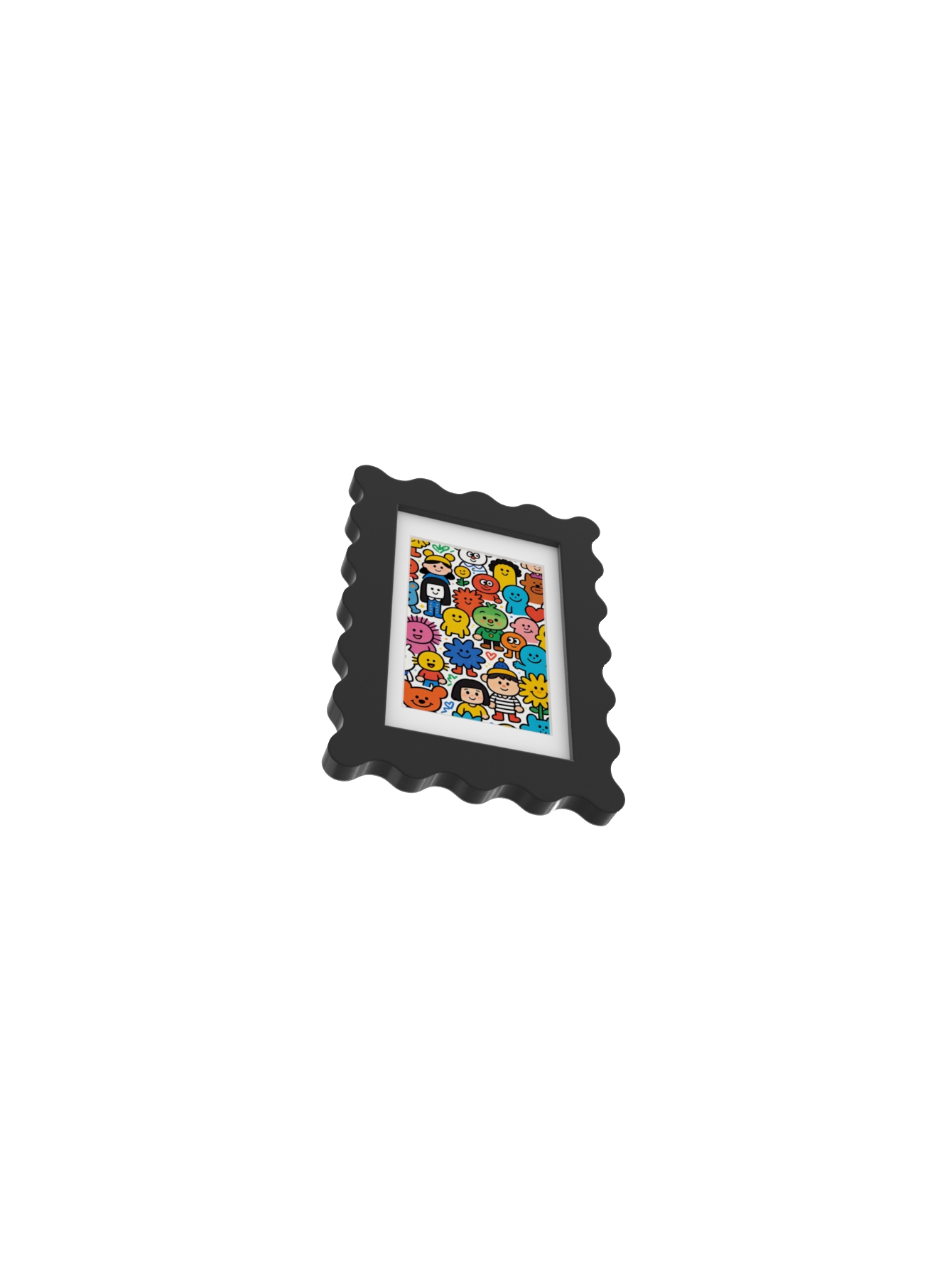 Black wave frame with colorful children's artwork