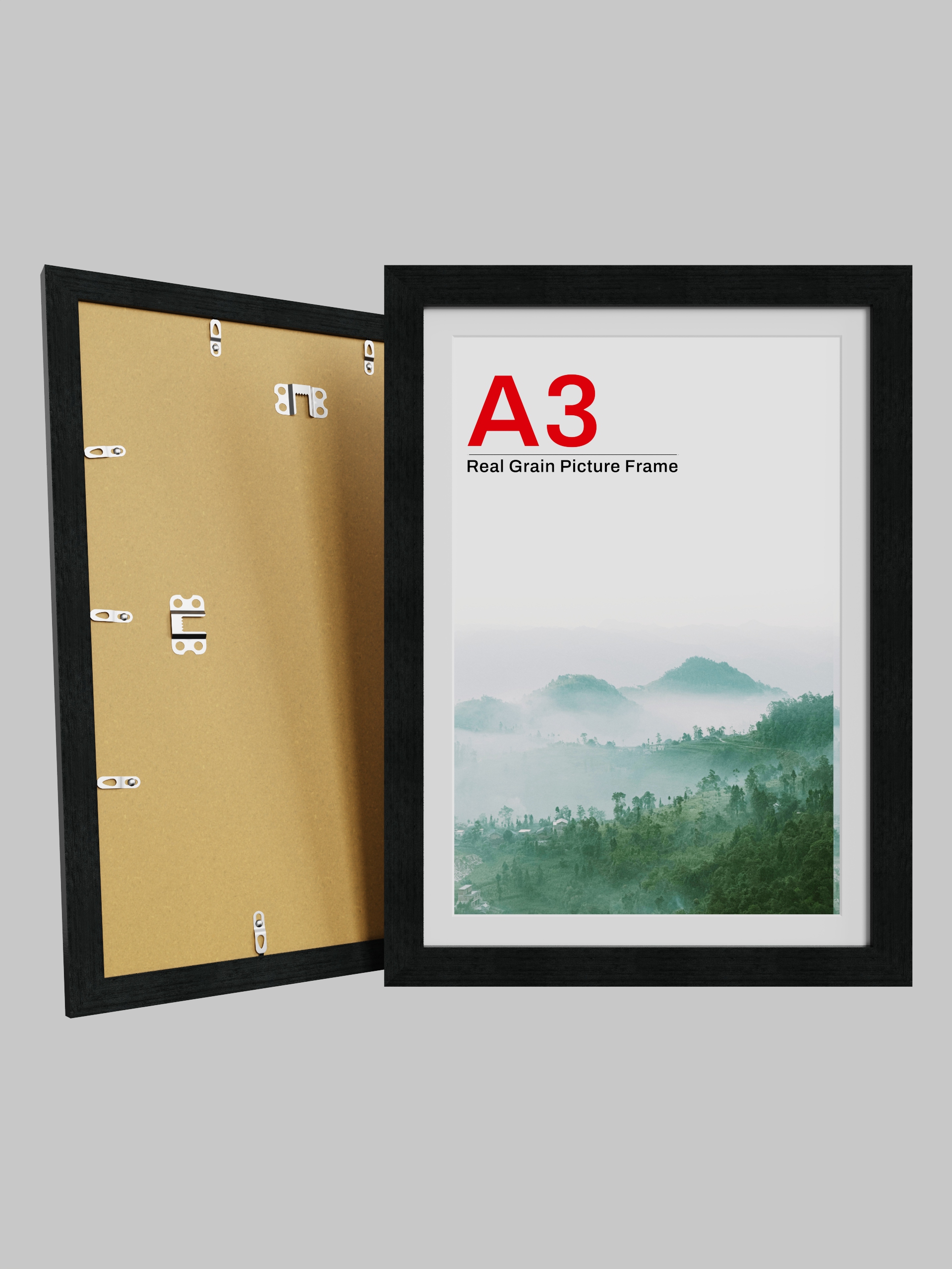 Black wood grain frame with back view